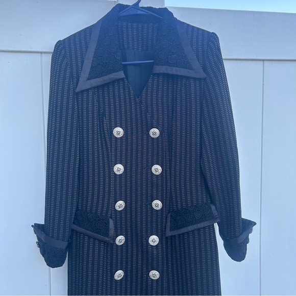 Jackets & Blazers - Vintage long pinstripe, lace and jeweled blazer.